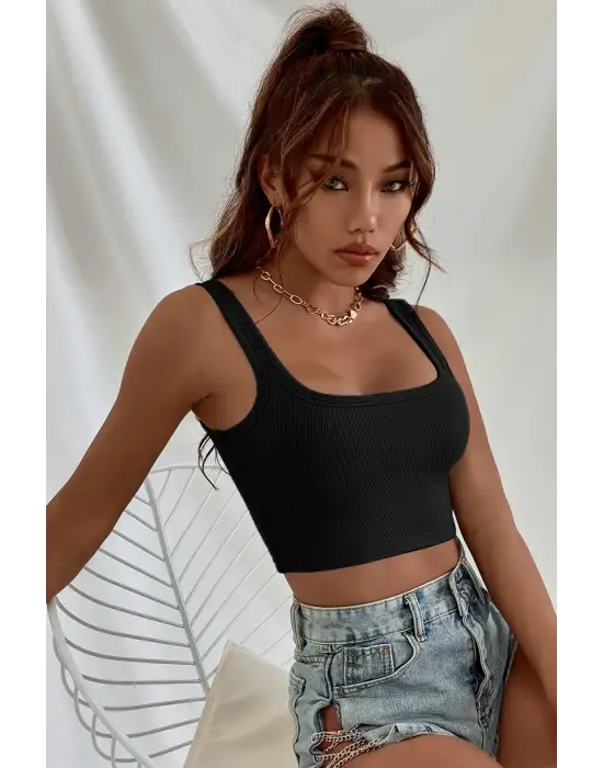 ieg™ Kadın Siyah Kalın Askılı Crop Top Büstiyer