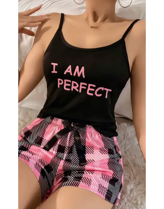 ieg™ Kadın Siyah Kare Desenli Askılı Şortlu Pijama Takım 5012
