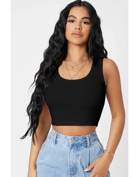 ieg™ Kadın Siyah Kare Yaka Crop Top Bluz