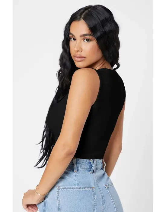 ieg™ Kadın Siyah Kare Yaka Crop Top Bluz