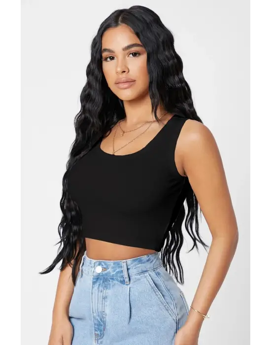 ieg™ Kadın Siyah Kare Yaka Crop Top Bluz