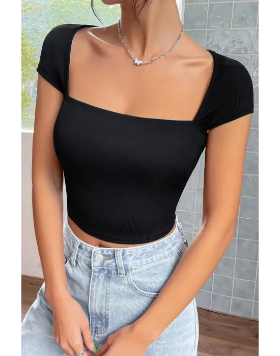 ieg™ Kadın Siyah Kare Yaka Yarım Kol Göğüs Dekolteli Crop Top Bluz
