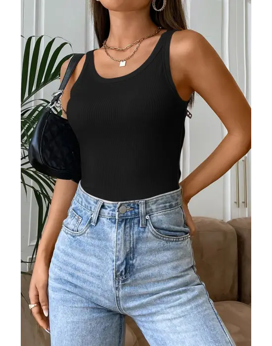 ieg™ Kadın Siyah Kolsuz Kalın Askılı Uzun Crop Top Bluz & Atlet