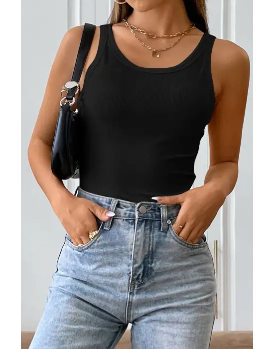 ieg™ Kadın Siyah Kolsuz Kalın Askılı Uzun Crop Top Bluz & Atlet