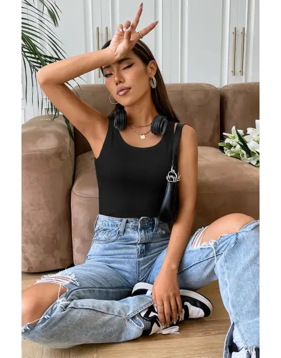 ieg™ Kadın Siyah Kolsuz Kalın Askılı Uzun Crop Top Bluz & Atlet