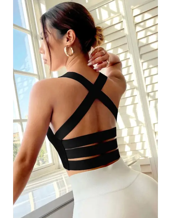 ieg™ Kadın Siyah Sırtı Çapraz Lastik Detaylı Crop Top Bluz
