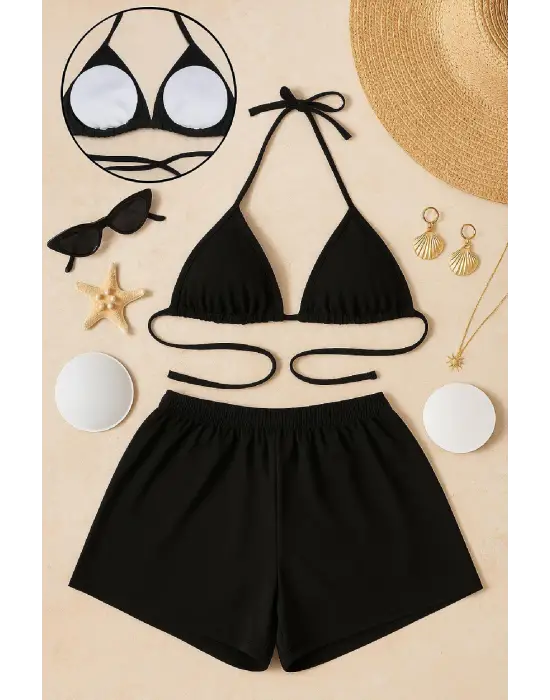 ieg™ Kadın Siyah Şortlu Belden ve Boyundan Bağlamalı Bikini Takımı
