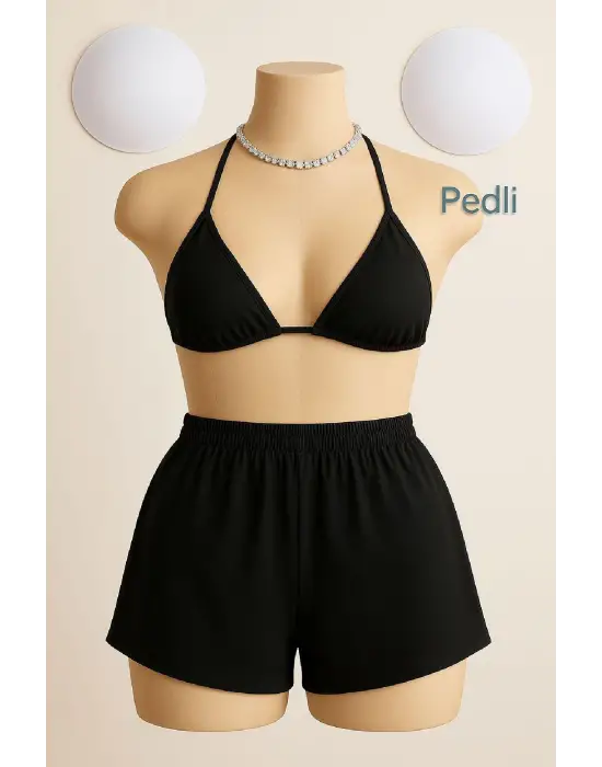 ieg™ Kadın Siyah Şortlu Belden ve Boyundan Bağlamalı Bikini Takımı