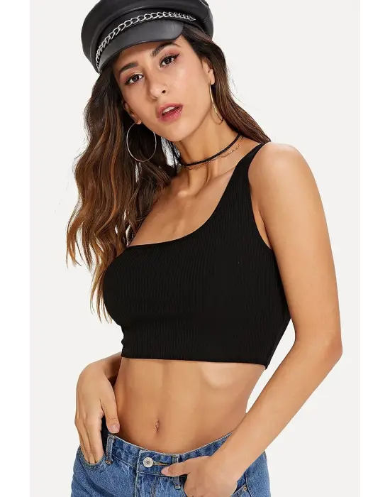 ieg™ Kadın Siyah Tek Omuz Crop Büstiyer