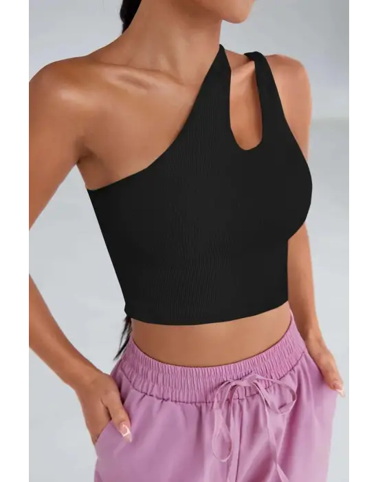ieg™ Kadın Siyah Tek Omuz Cut Out Detaylı Crop Top Bluz