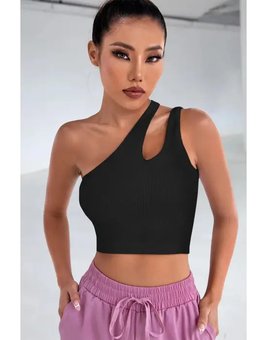 ieg™ Kadın Siyah Tek Omuz Cut Out Detaylı Crop Top Bluz