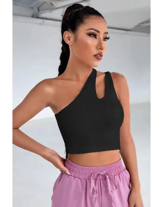 ieg™ Kadın Siyah Tek Omuz Cut Out Detaylı Crop Top Bluz