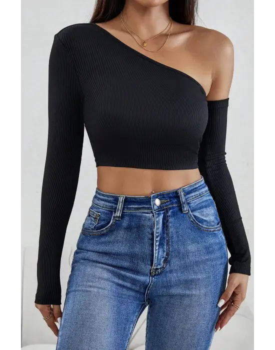 ieg™ Kadın Siyah Tek Omuz Detaylı Uzun Kol Crop Top Bluz
