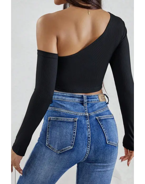 ieg™ Kadın Siyah Tek Omuz Detaylı Uzun Kol Crop Top Bluz