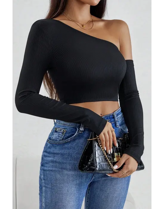 ieg™ Kadın Siyah Tek Omuz Detaylı Uzun Kol Crop Top Bluz
