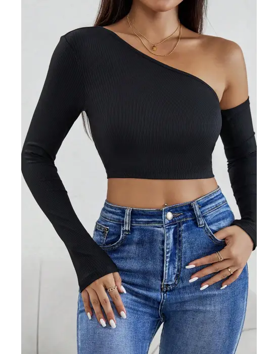 ieg™ Kadın Siyah Tek Omuz Detaylı Uzun Kol Crop Top Bluz