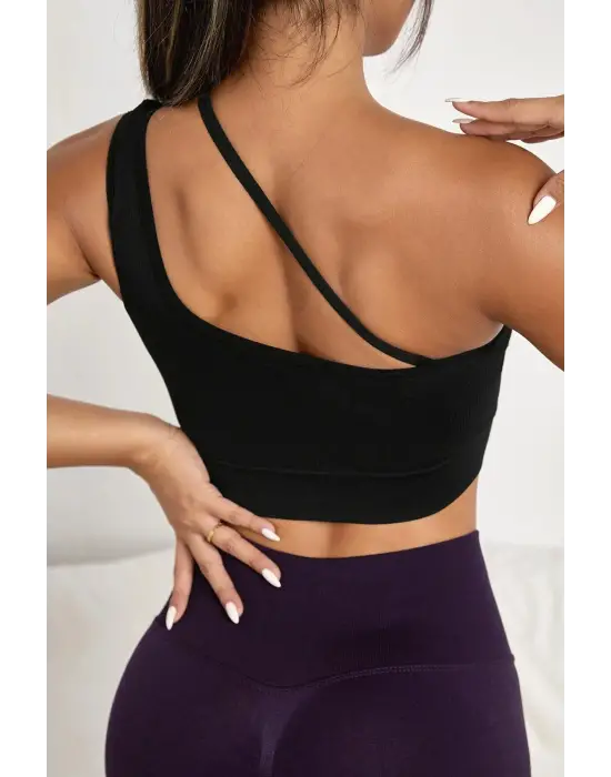 ieg™ Kadın Siyah Tek Omuzlu Çapraz Askılı Crop Top Büstiyer