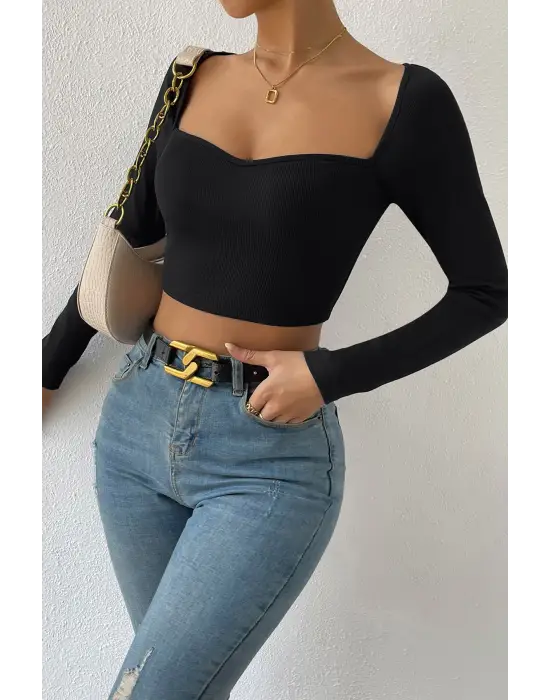 ieg™ Kadın Siyah Uzun Kol Göğüs Dekolteli Şık Crop Top Bluz