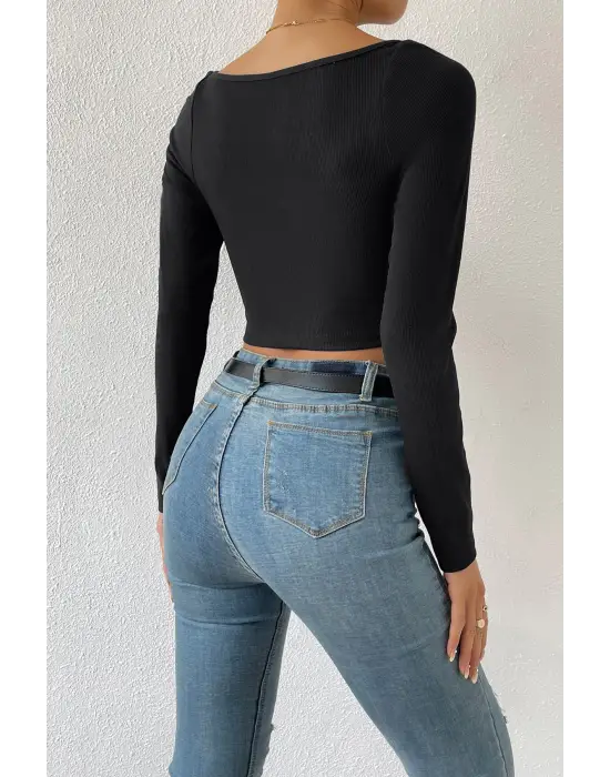 ieg™ Kadın Siyah Uzun Kol Göğüs Dekolteli Şık Crop Top Bluz