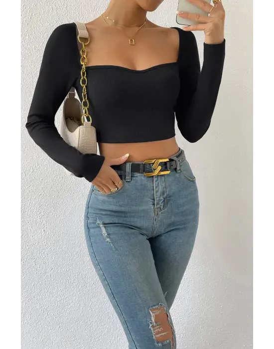 ieg™ Kadın Siyah Uzun Kol Göğüs Dekolteli Şık Crop Top Bluz