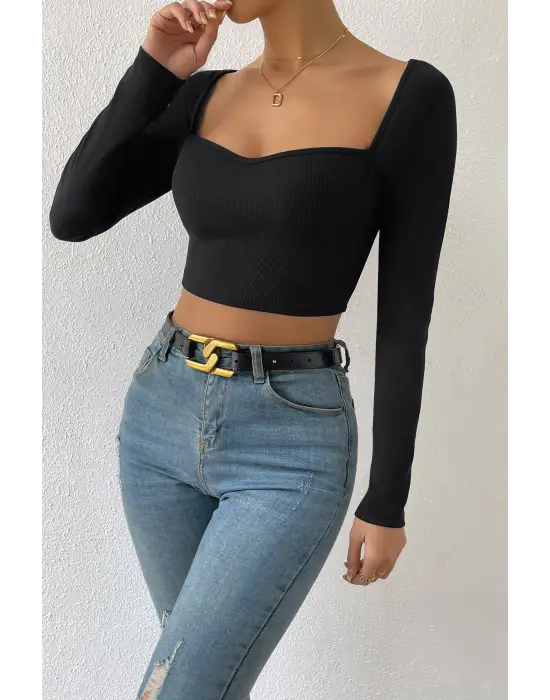 ieg™ Kadın Siyah Uzun Kol Göğüs Dekolteli Şık Crop Top Bluz