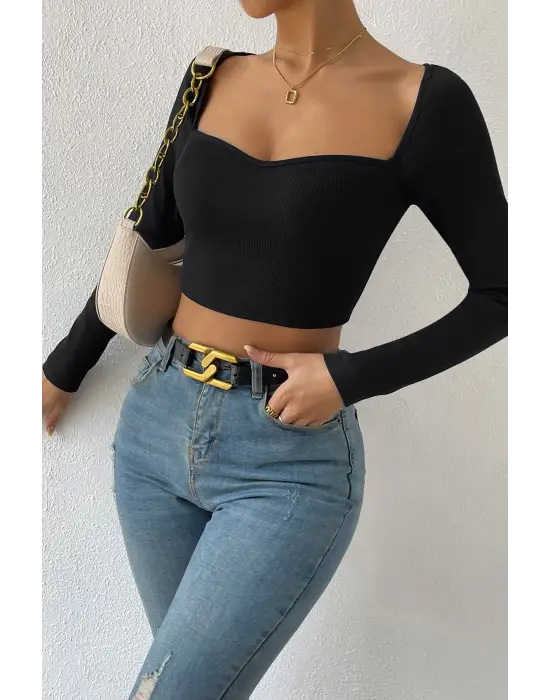 ieg™ Kadın Siyah Uzun Kol Göğüs Dekolteli Şık Crop Top Bluz