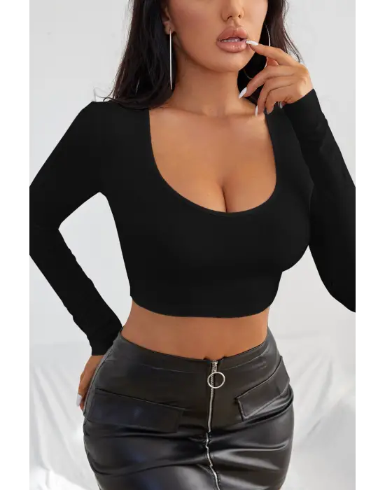 ieg™ Kadın Siyah Uzun Kol Kare Yaka Crop Top Bluz
