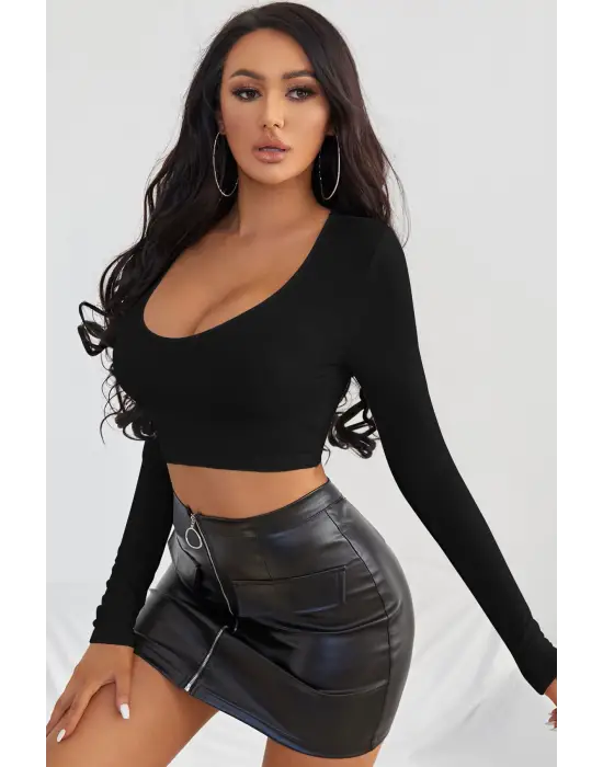 ieg™ Kadın Siyah Uzun Kol Kare Yaka Crop Top Bluz