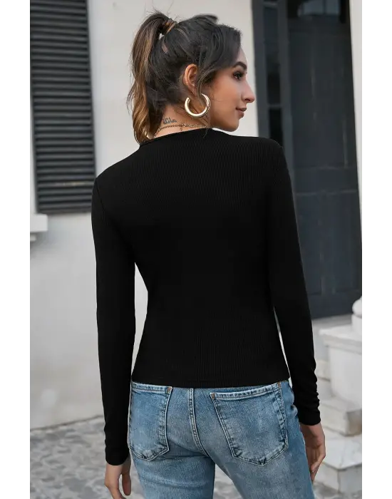 ieg™ Kadın Siyah Uzun Kollu Fit Basic Crop Top Bluz