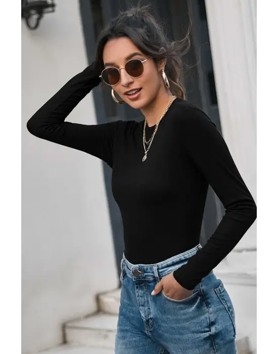 ieg™ Kadın Siyah Uzun Kollu Fit Basic Crop Top Bluz
