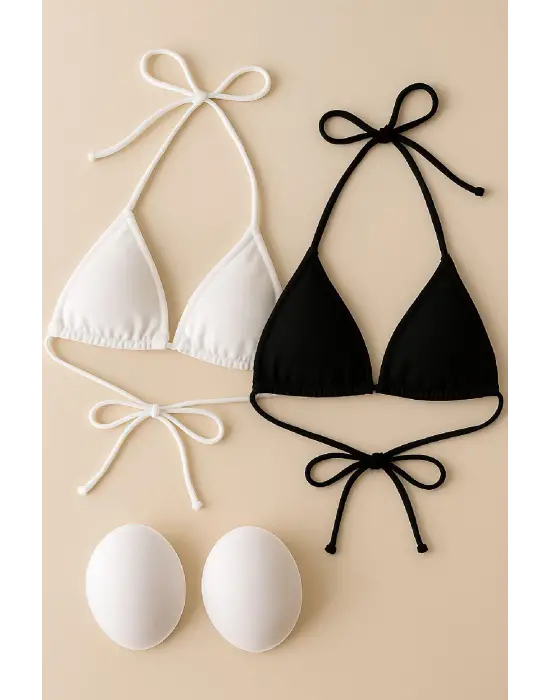 ieg™ Kadın Siyah ve Beyaz Minimal Kesim Üçgen Bikini Üstü