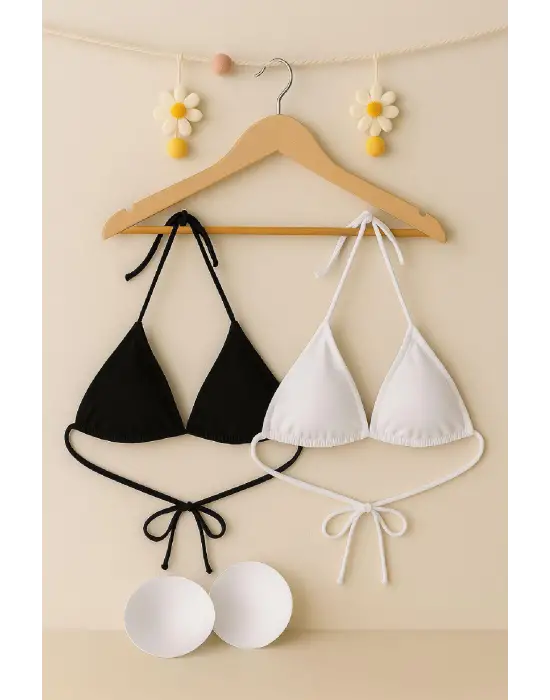 ieg™ Kadın Siyah ve Beyaz Minimal Kesim Üçgen Bikini Üstü