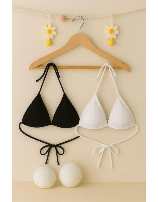 ieg™ Kadın Siyah ve Beyaz Minimal Kesim Üçgen Bikini Üstü