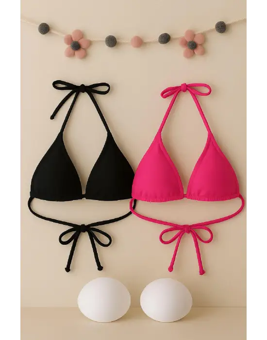ieg™ Kadın Siyah ve Fuşya Minimal Kesim Üçgen Bikini Üstü