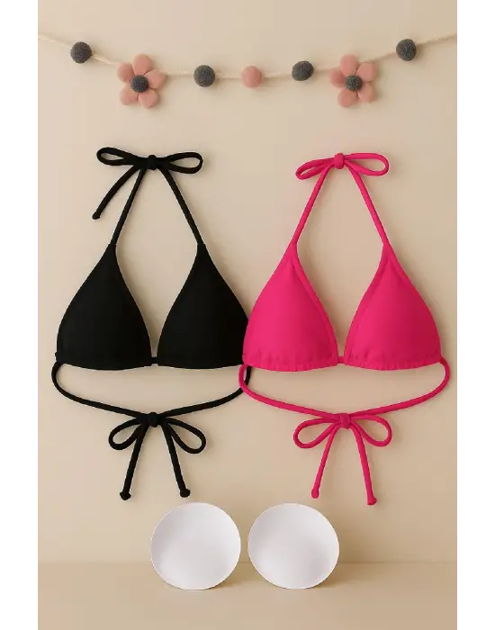 ieg™ Kadın Siyah ve Fuşya Minimal Kesim Üçgen Bikini Üstü