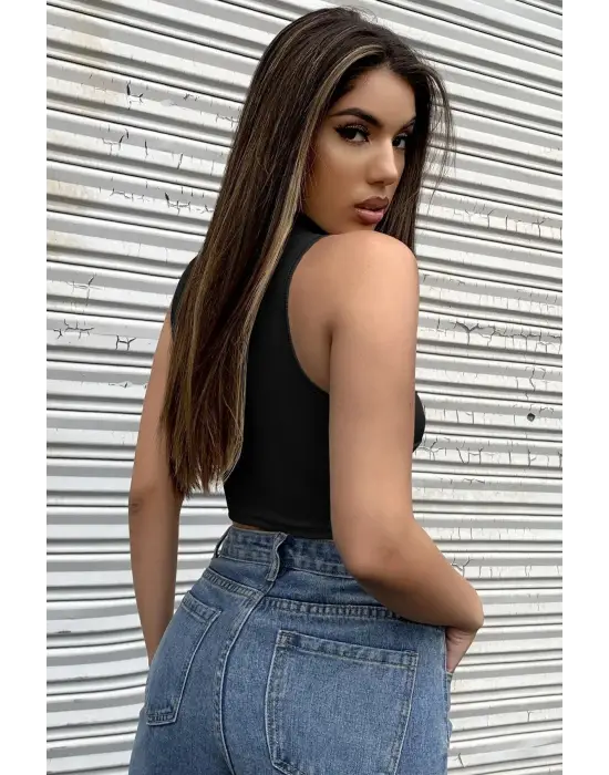 ieg™ Kadın Siyah Yarım Fermuarlı Sıfır Kol Crop Top Bluz