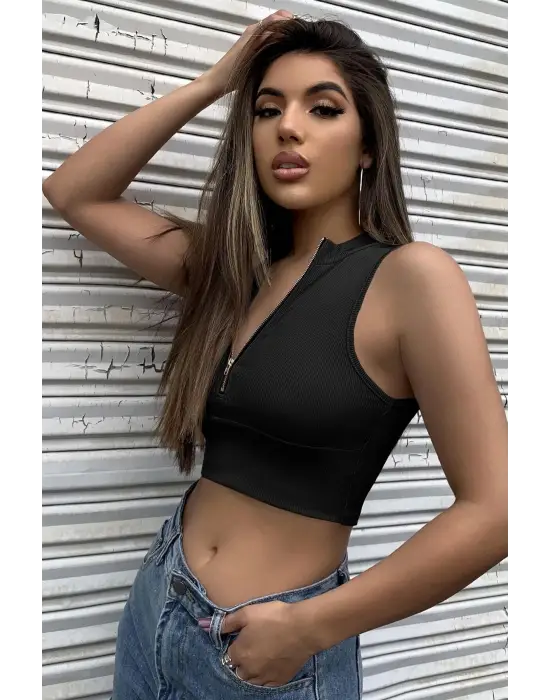 ieg™ Kadın Siyah Yarım Fermuarlı Sıfır Kol Crop Top Bluz