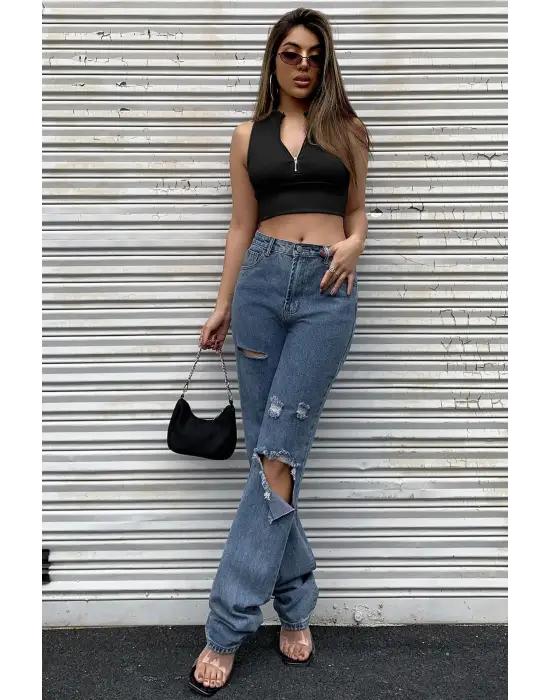 ieg™ Kadın Siyah Yarım Fermuarlı Sıfır Kol Crop Top Bluz