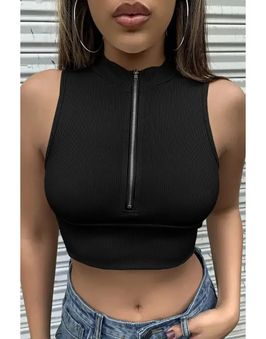 ieg™ Kadın Siyah Yarım Fermuarlı Sıfır Kol Crop Top Bluz