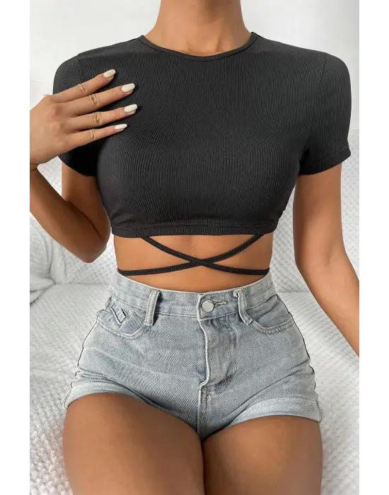 ieg™ Kadın Siyah Yarım Kol Çapraz Bağlamalı Crop Top Bluz