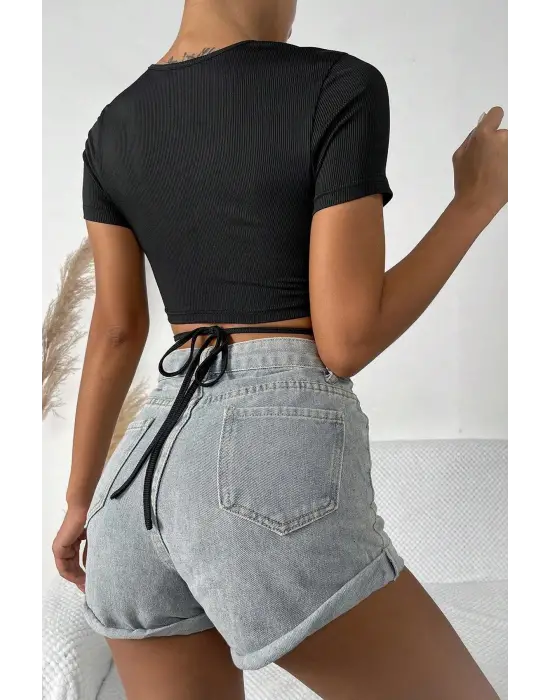 ieg™ Kadın Siyah Yarım Kol Çapraz Bağlamalı Crop Top Bluz