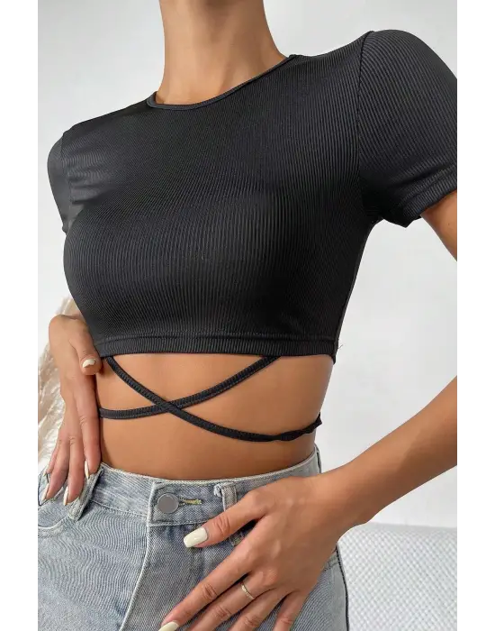 ieg™ Kadın Siyah Yarım Kol Çapraz Bağlamalı Crop Top Bluz