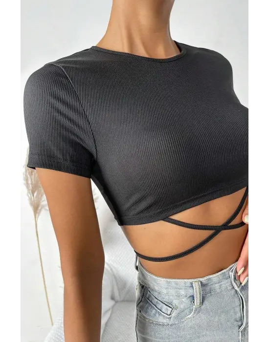 ieg™ Kadın Siyah Yarım Kol Çapraz Bağlamalı Crop Top Bluz