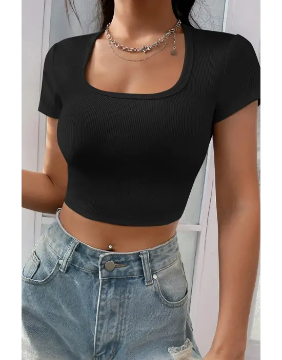 ieg™ Kadın Siyah Yarım Kol Düz Yaka Crop Top Bluz