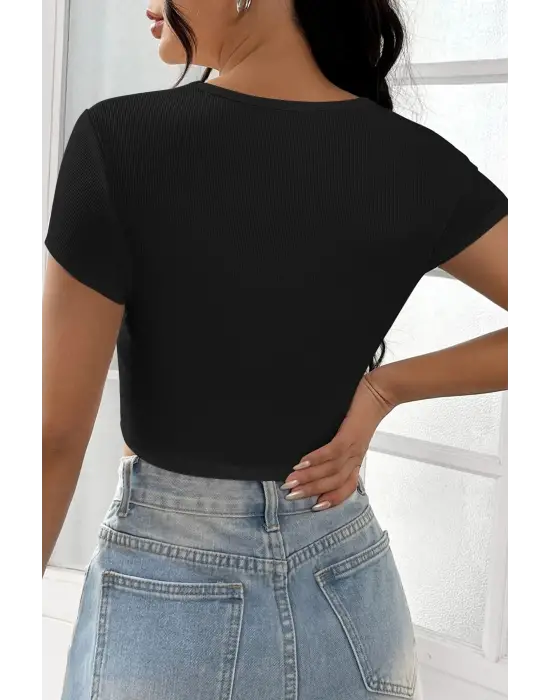 ieg™ Kadın Siyah Yarım Kol Düz Yaka Crop Top Bluz