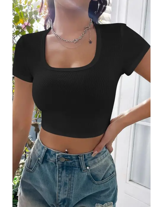 ieg™ Kadın Siyah Yarım Kol Düz Yaka Crop Top Bluz