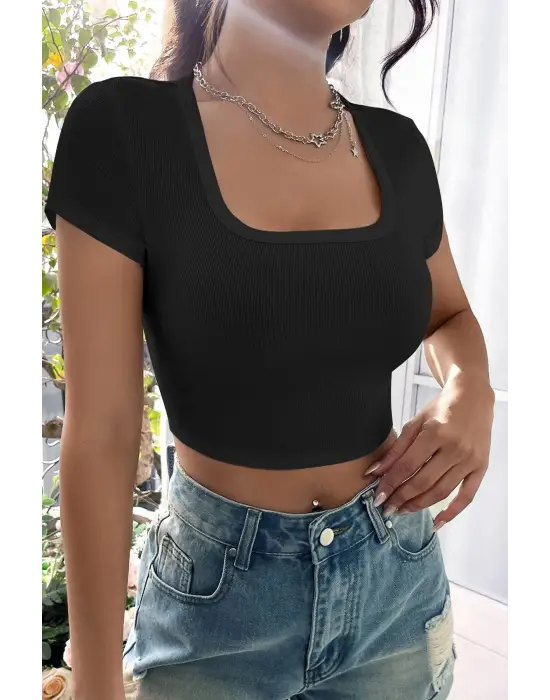 ieg™ Kadın Siyah Yarım Kol Düz Yaka Crop Top Bluz