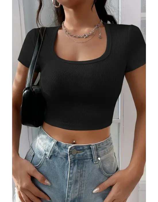 ieg™ Kadın Siyah Yarım Kol Düz Yaka Crop Top Bluz
