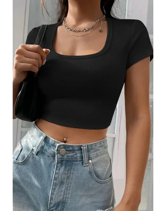 ieg™ Kadın Siyah Yarım Kol Düz Yaka Crop Top Bluz