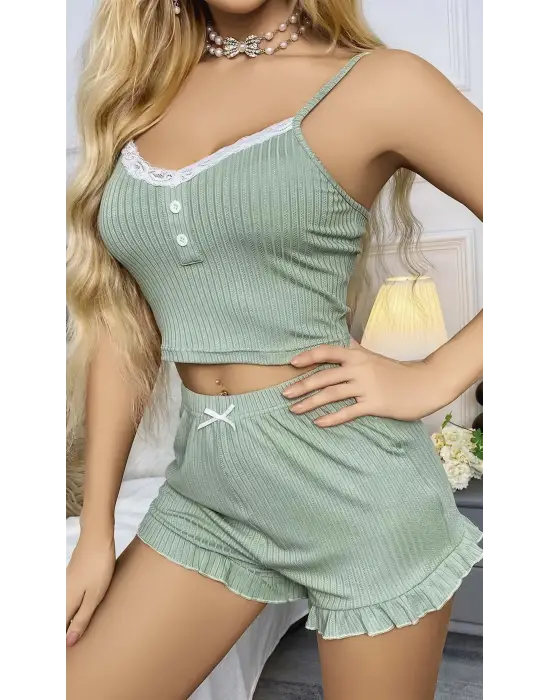 ieg™ Kadın Yeşil Dantel Detaylı Şortlu Gecelik Pijama Takımı 5014